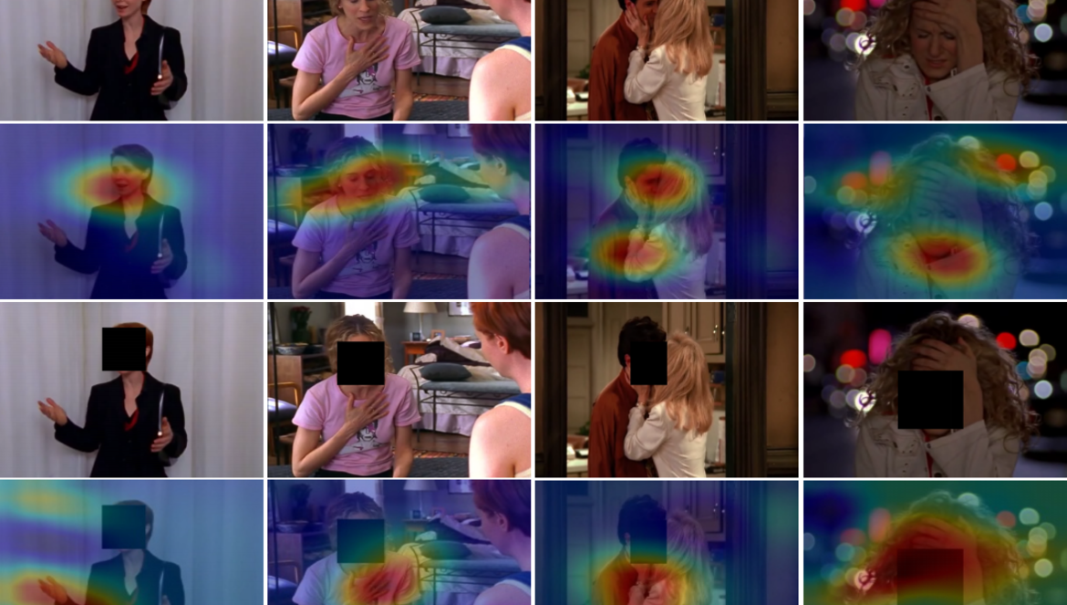 TV show characters faces and body movements are highlighted to show their emotions.